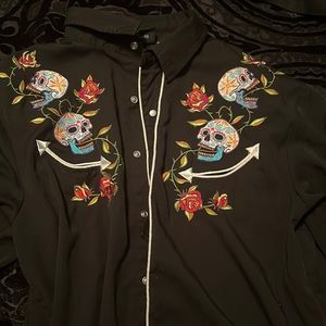 Sugar skull pearl snap western shirt